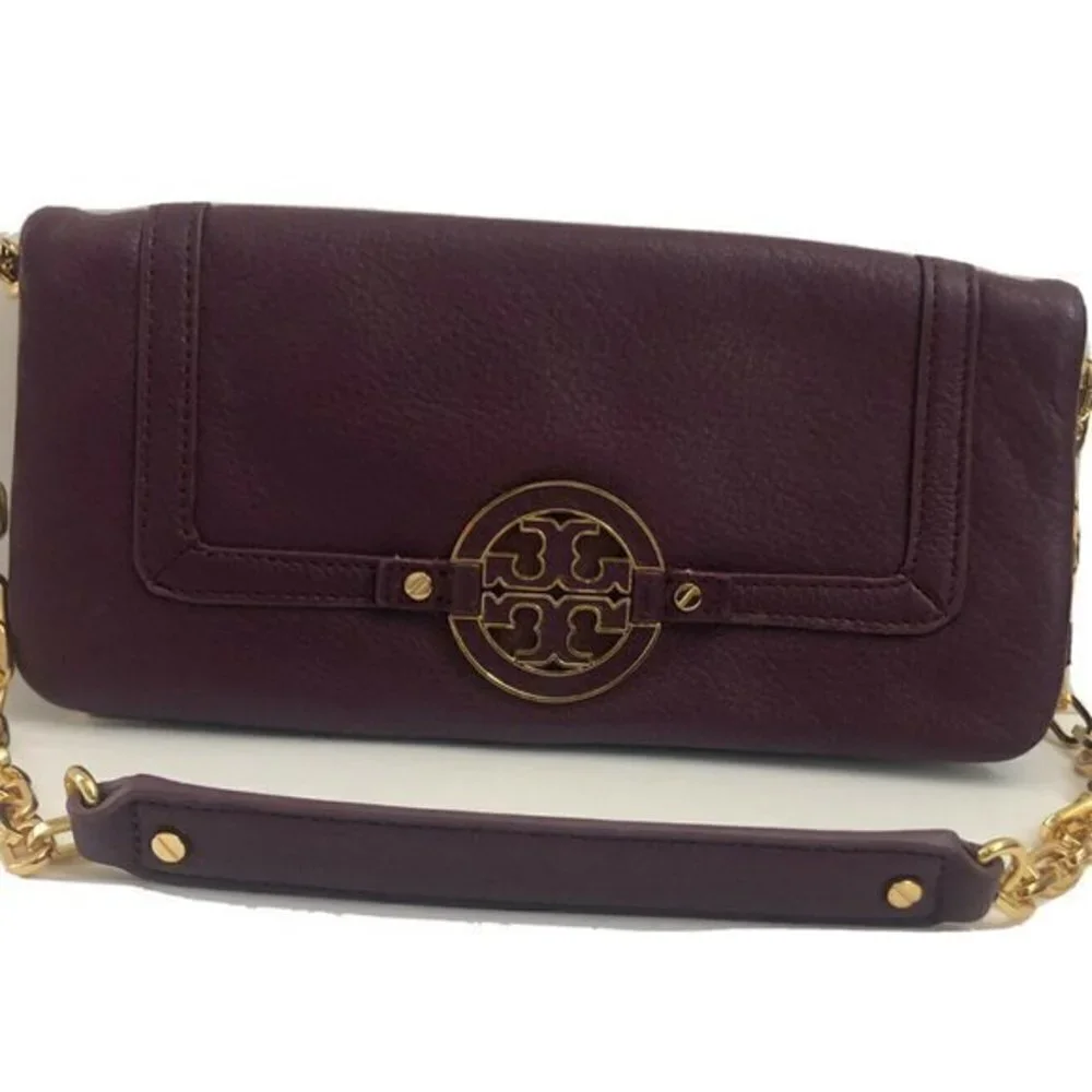 Tory Burch Handbag Purple Purse Leather ShoulderBag Clutch Tote